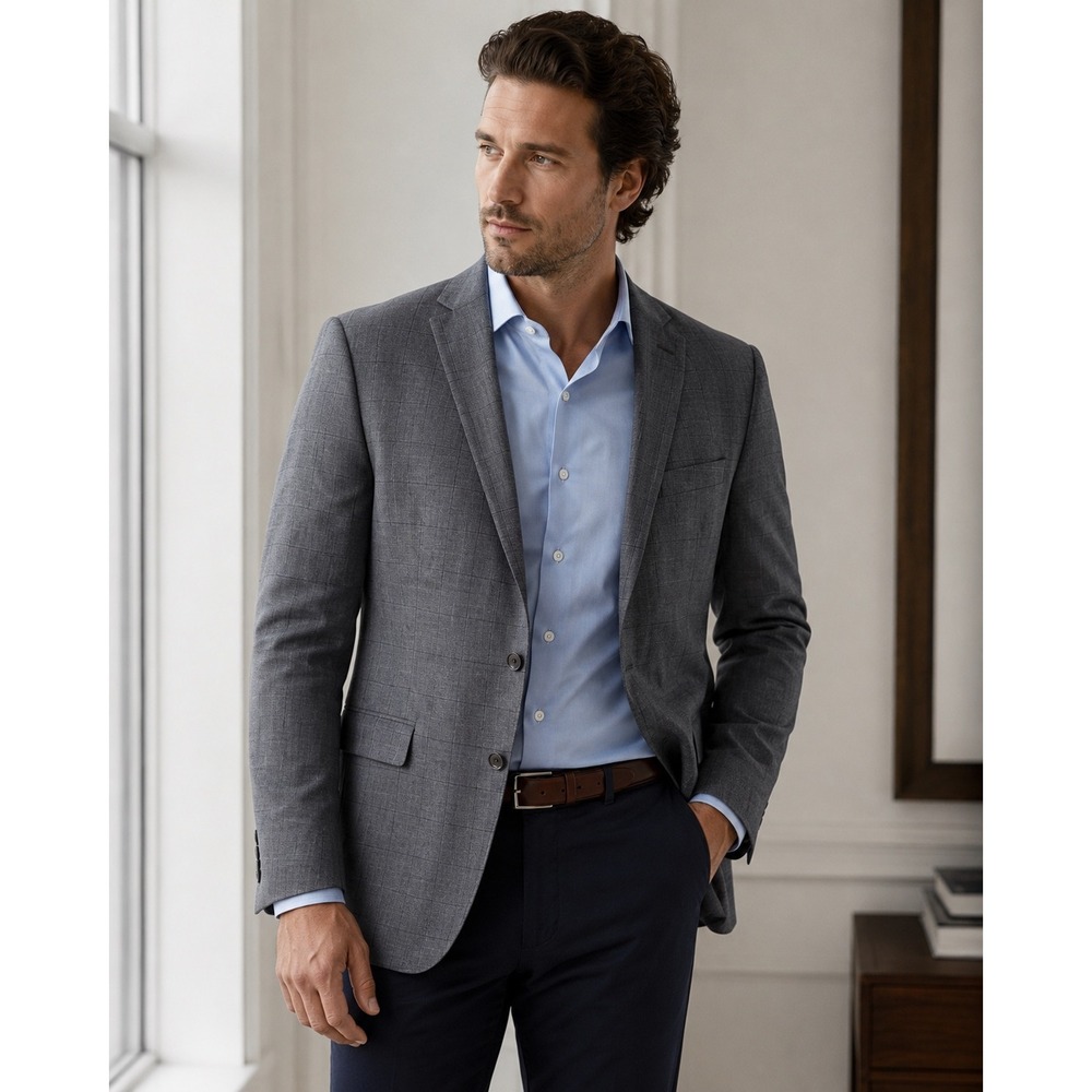 Lauren Ralph Lauren Mens Grey Windowpane Plaid 100% Wool Blazer Sport Coat 46R
